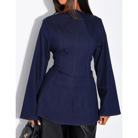 Long-sleeve denim-effect tie-front top