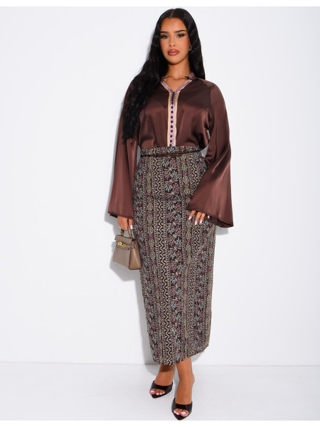 Ensemble jupe à broderies & sequins et tunique avec cordelette
