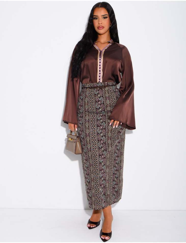 Ensemble jupe à broderies & sequins et tunique avec cordelette