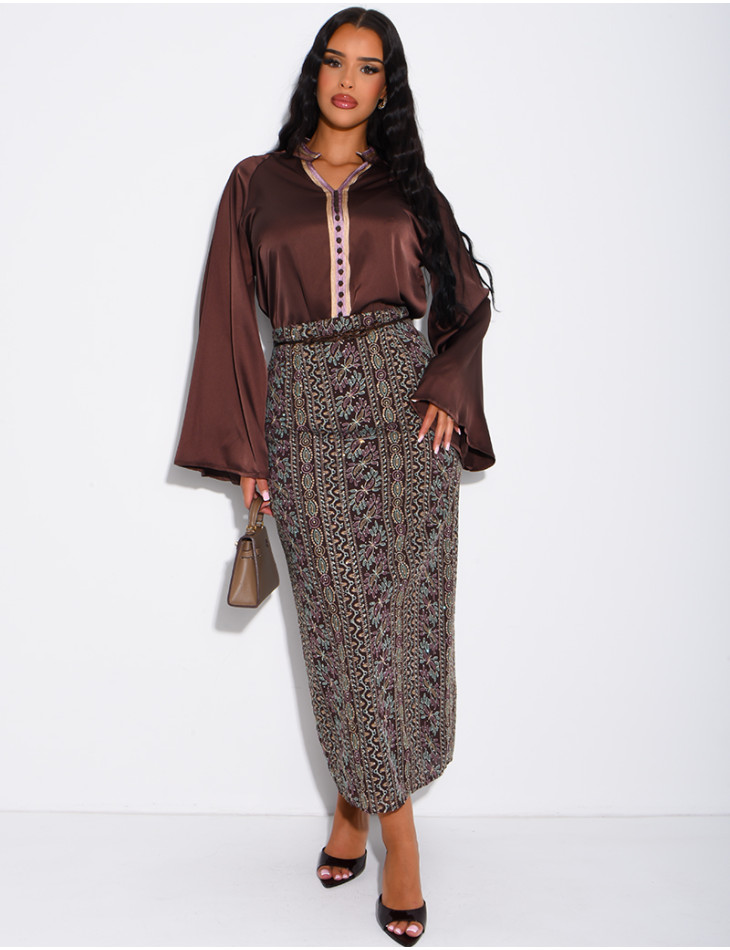Ensemble jupe à broderies & sequins et tunique avec cordelette