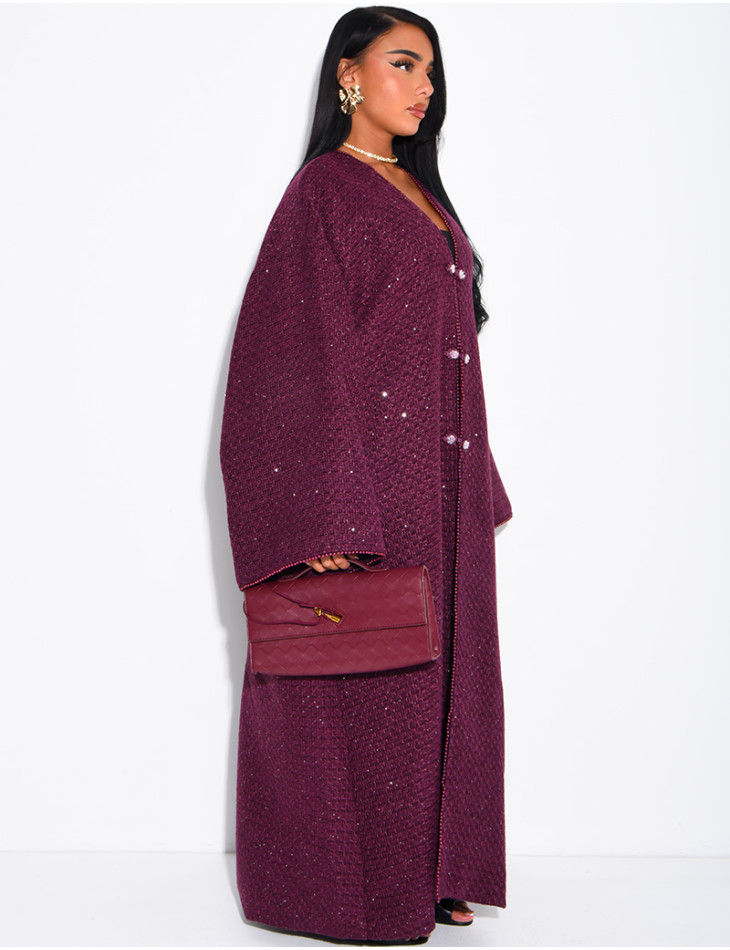 Kimono long brillant épais avec ceinture en tweed
