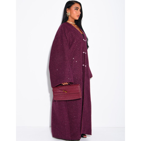 Kimono long brillant épais avec ceinture en tweed