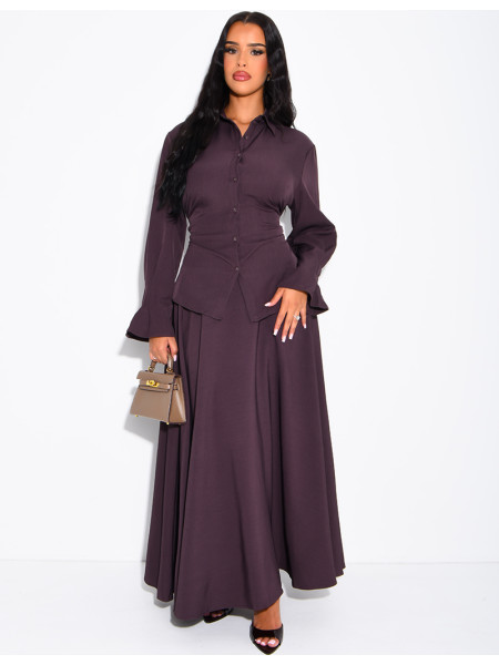 Ensemble jupe taille haute évasée et chemise à nouer dans le dos