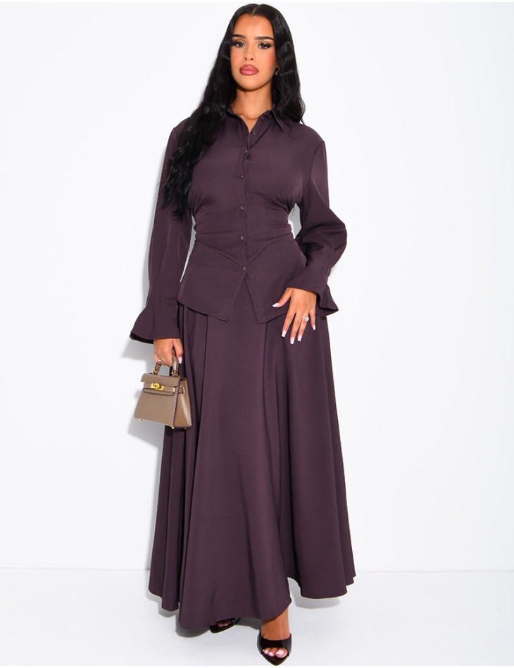 Ensemble jupe taille haute évasée et chemise à nouer dans le dos