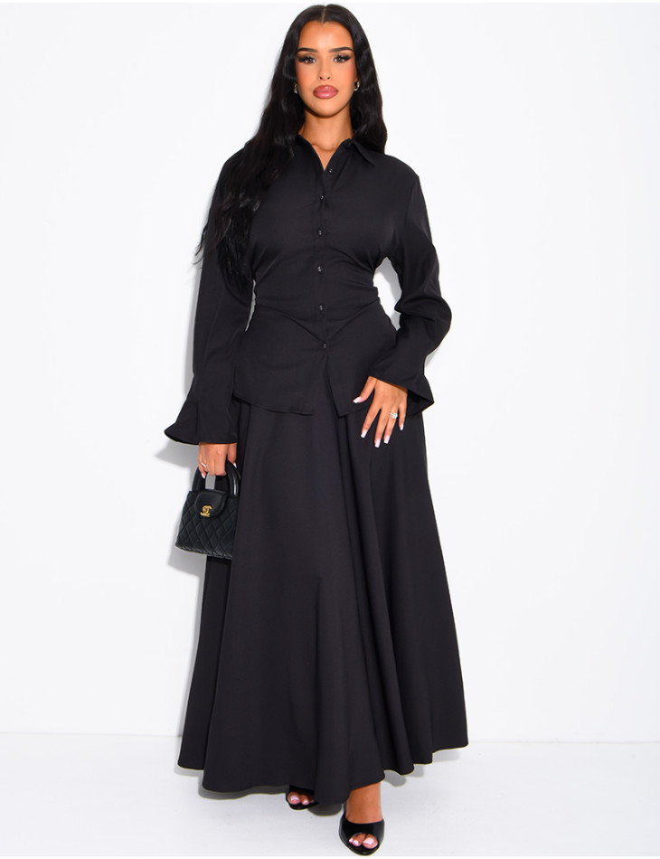 Ensemble jupe taille haute évasée et chemise à nouer dans le dos