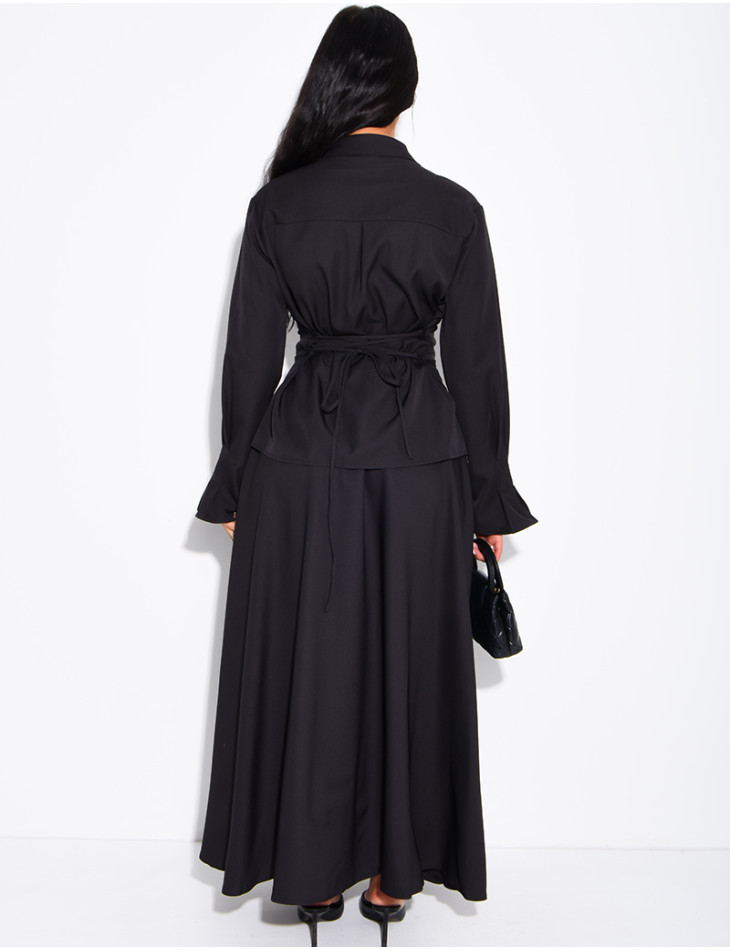 Ensemble jupe taille haute évasée et chemise à nouer dans le dos