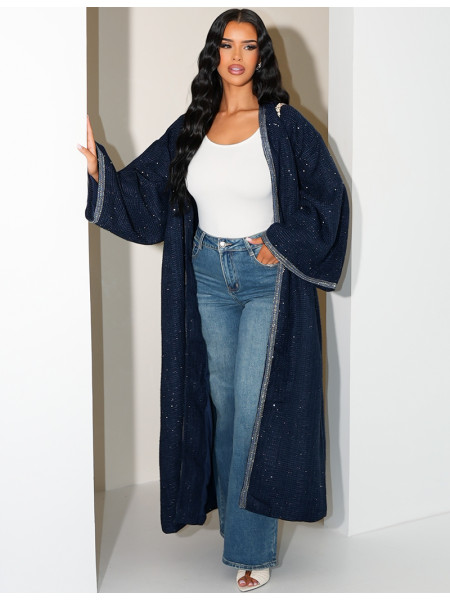 Kimono long épais en tweed à liseré doré