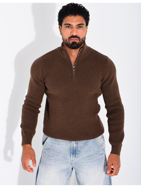 Pull côtelé à col zippé