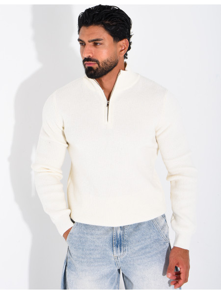 Pull côtelé à col zippé