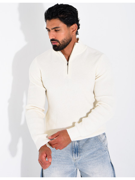 Pull côtelé à col zippé