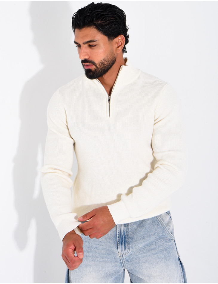Pull côtelé à col zippé