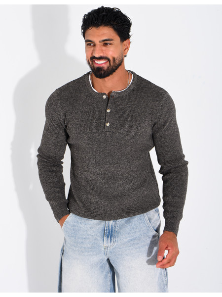 Pull col rond boutonné en maille chinée