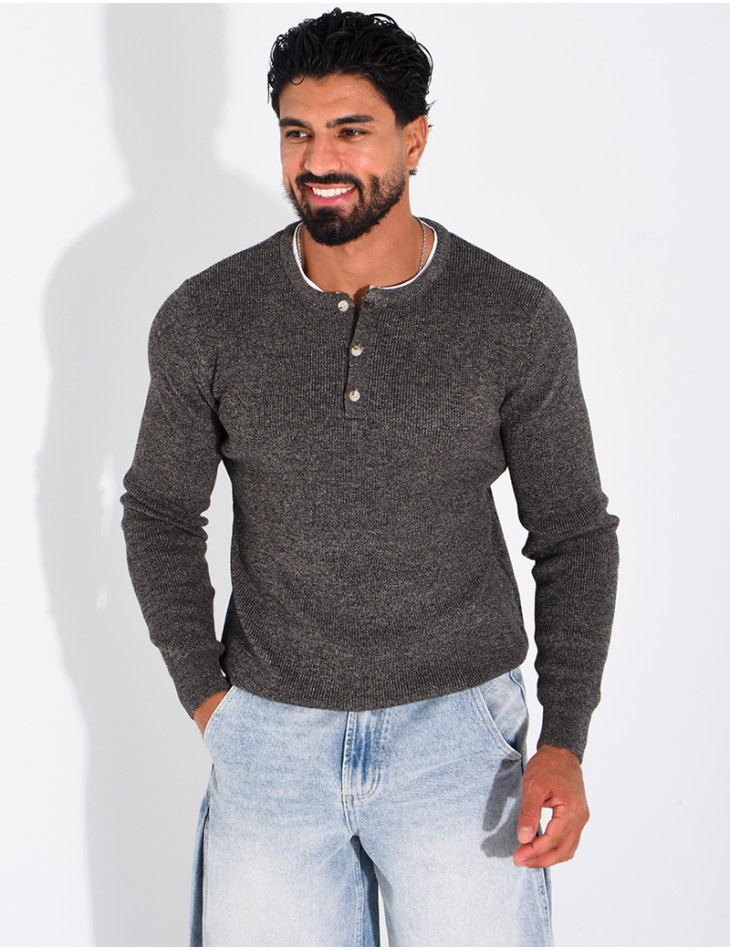 Pull col rond boutonné en maille chinée
