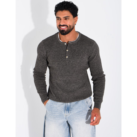 Pull col rond boutonné en maille chinée