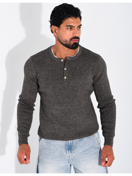 Pull col rond boutonné en maille chinée
