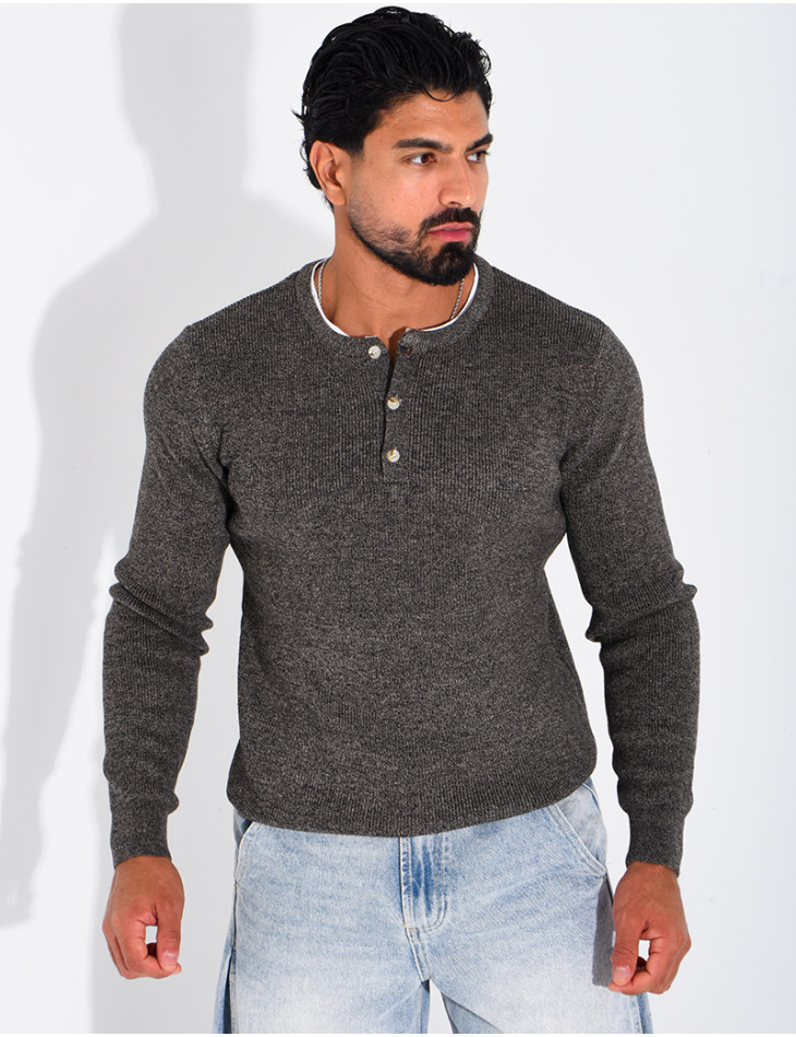 Pull col rond boutonné en maille chinée