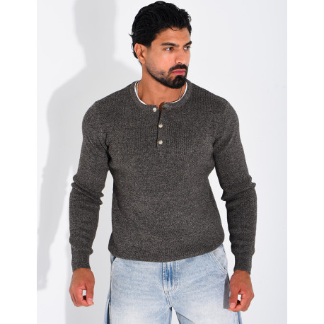 Pull col rond boutonné en maille chinée