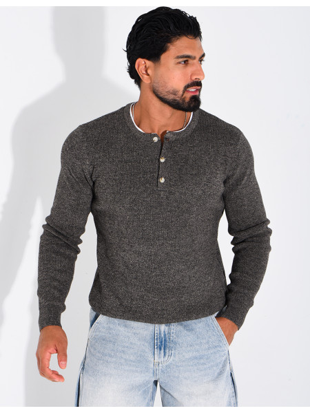 Pull col rond boutonné en maille chinée