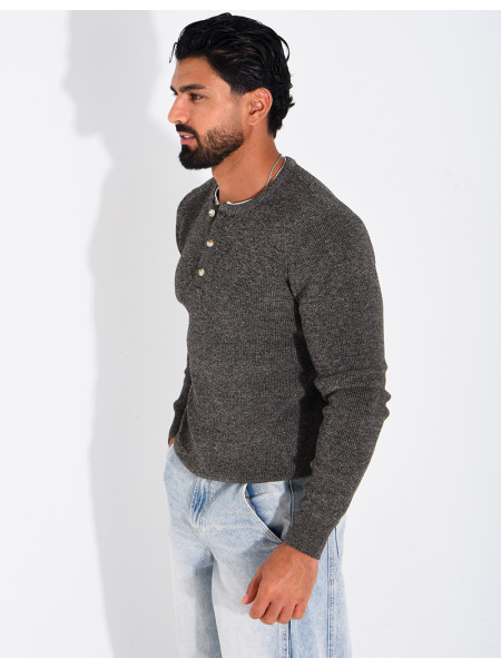 Pull col rond boutonné en maille chinée