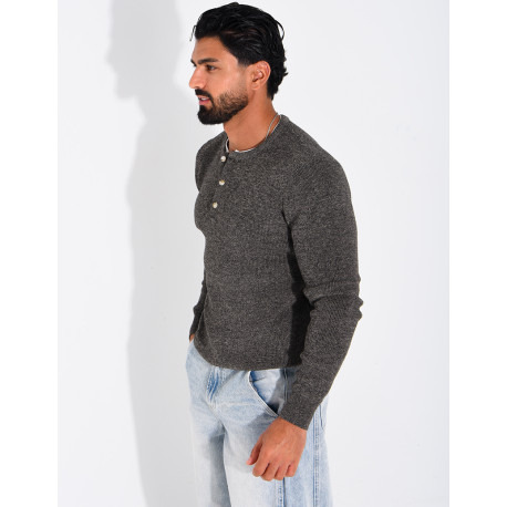 Pull col rond boutonné en maille chinée
