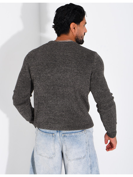 Pull col rond boutonné en maille chinée