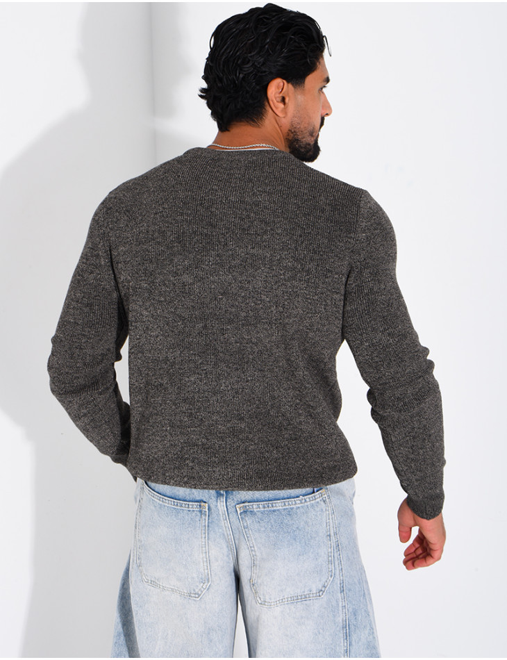 Pull col rond boutonné en maille chinée