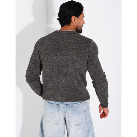 Pull col rond boutonné en maille chinée