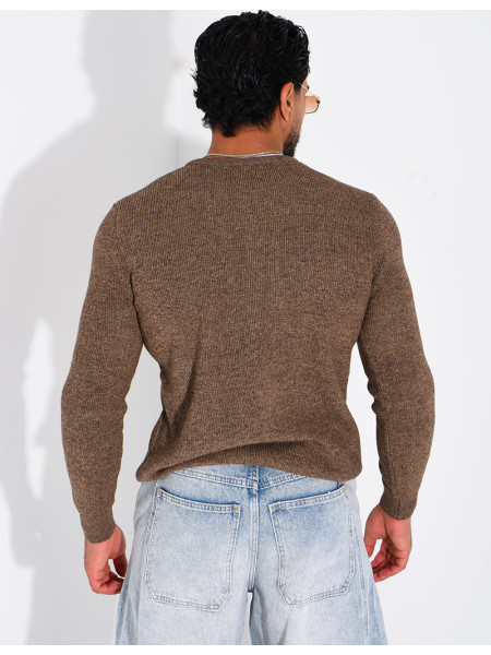 Pull col rond boutonné en maille chinée