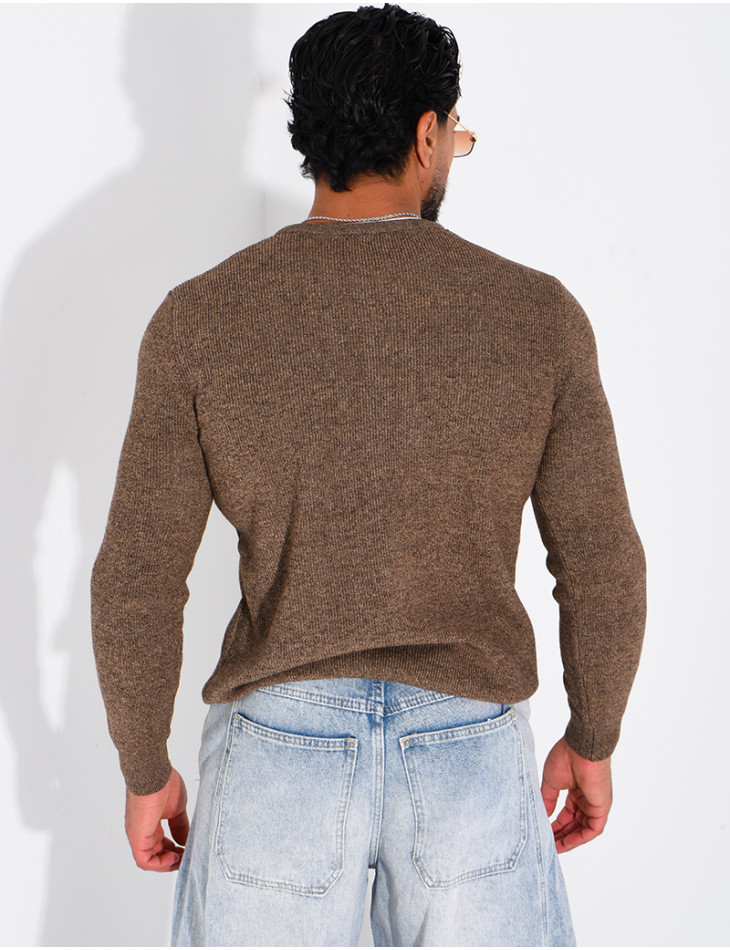 Pull col rond boutonné en maille chinée