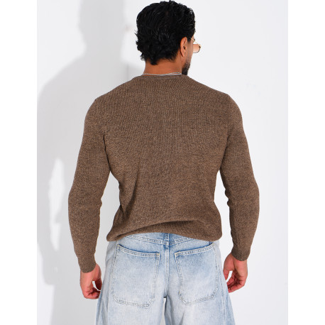 Pull col rond boutonné en maille chinée