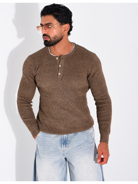 Pull col rond boutonné en maille chinée