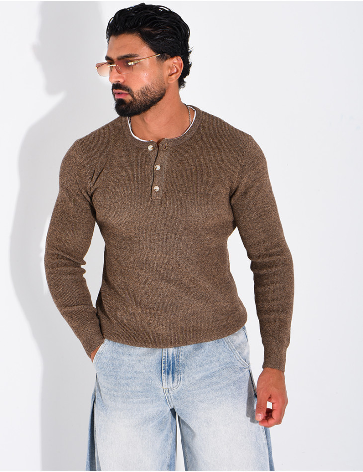 Pull col rond boutonné en maille chinée