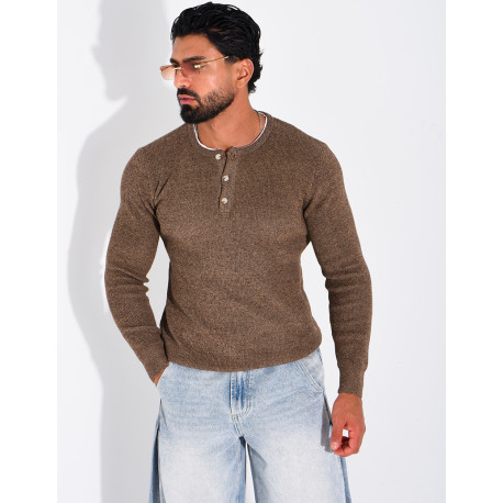 Pull col rond boutonné en maille chinée