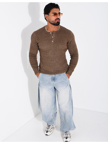 Pull col rond boutonné en maille chinée