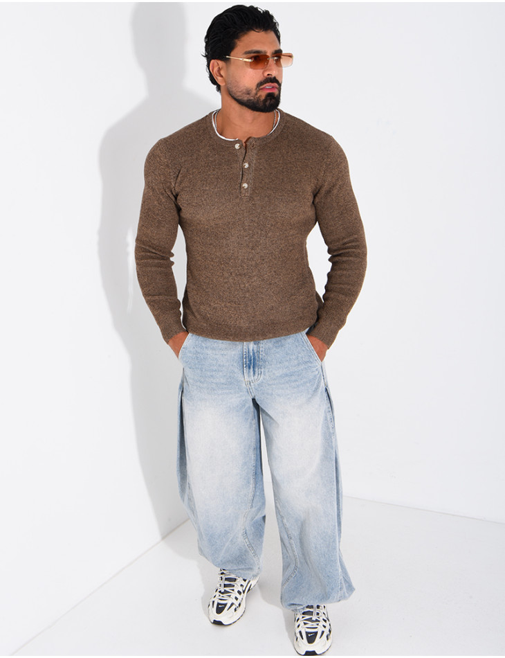 Pull col rond boutonné en maille chinée