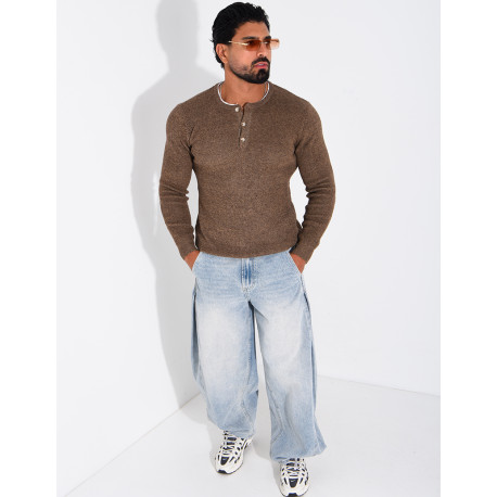 Pull col rond boutonné en maille chinée