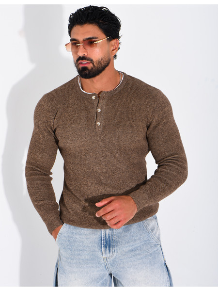 Pull col rond boutonné en maille chinée