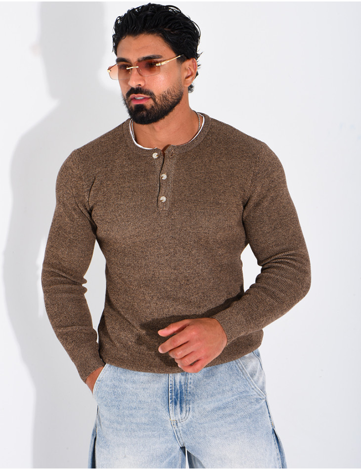 Pull col rond boutonné en maille chinée