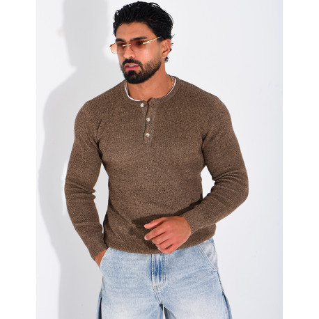 Pull col rond boutonné en maille chinée