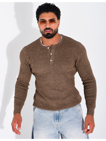 Pull col rond boutonné en maille chinée