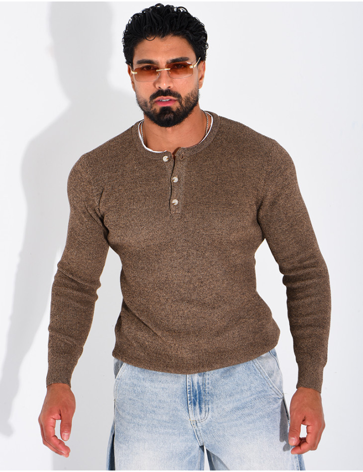 Pull col rond boutonné en maille chinée