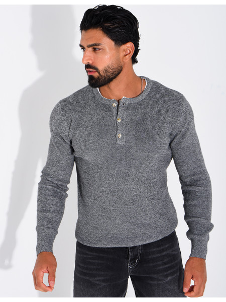 Pull col rond boutonné en maille chinée