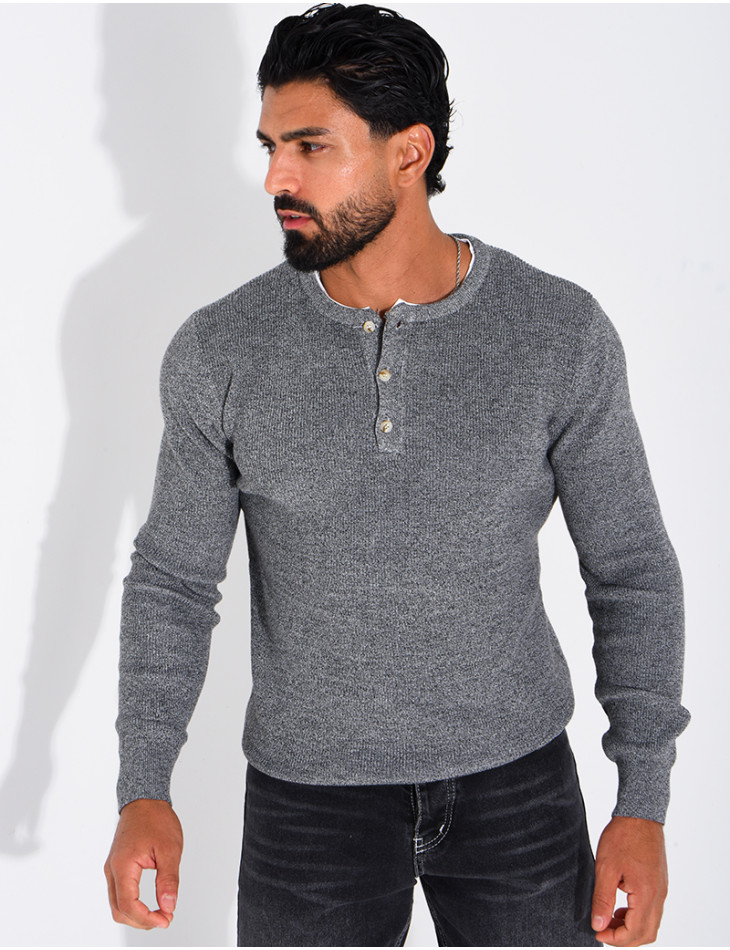 Pull col rond boutonné en maille chinée