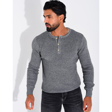 Pull col rond boutonné en maille chinée