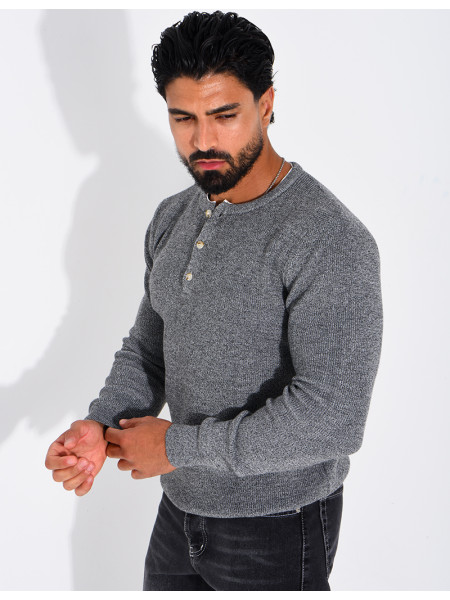Pull col rond boutonné en maille chinée