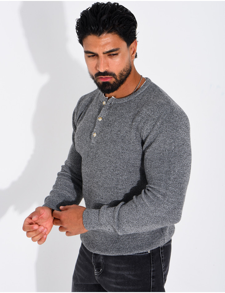 Pull col rond boutonné en maille chinée