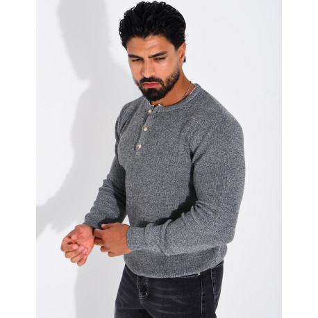 Pull col rond boutonné en maille chinée