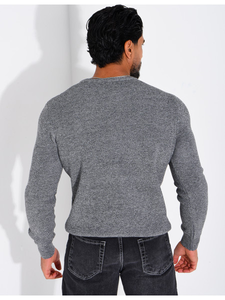 Pull col rond boutonné en maille chinée