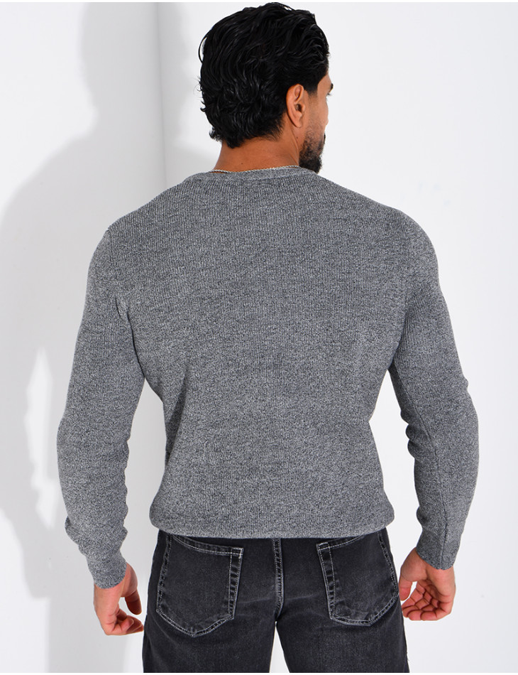 Pull col rond boutonné en maille chinée