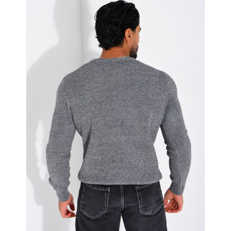 Pull col rond boutonné en maille chinée
